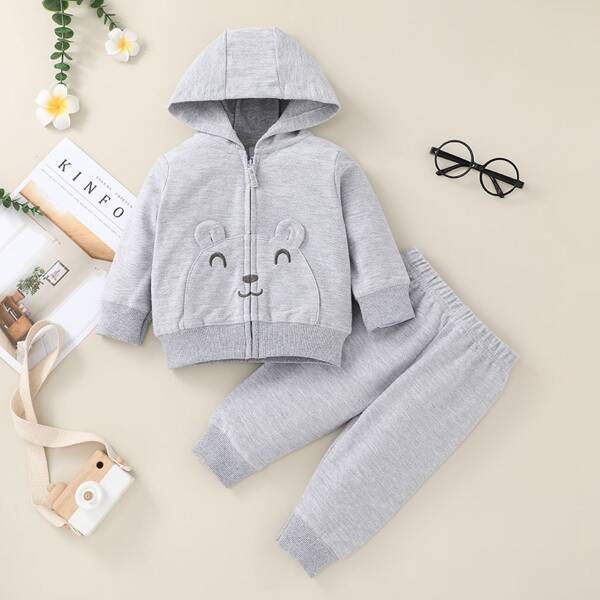 

Baby Cartoon Embroidery 3D Ears Design Zip Up Hoodie & Sweatpants, Light grey