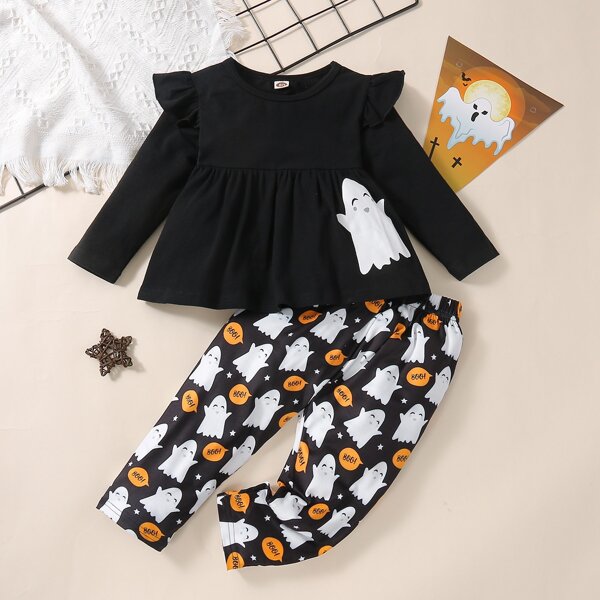 

Baby Halloween Print Ruffle Trim Top & Pants, Multicolor