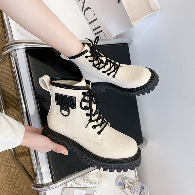 

Lace-up Front Letter Graphic Combat Boots, Beige