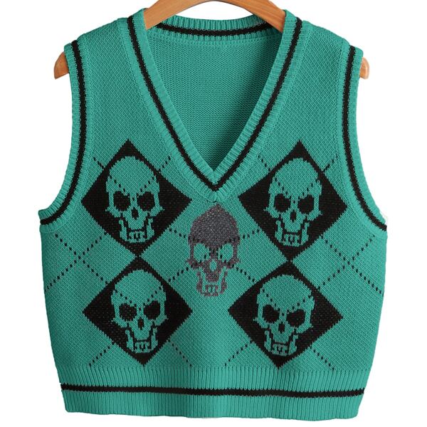 

Skull Pattern Sweater Vest, Green