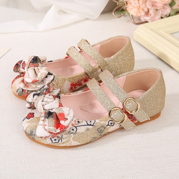 

Girls Bow Decor Mary Jane Flats, Gold