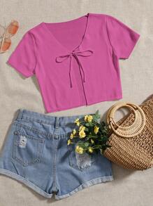 SHEIN Cárdigan con cordón delantero - Rosa Fucsia - Ver 1