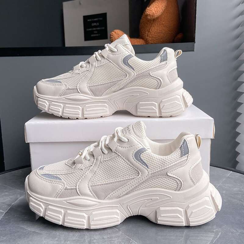 

Lace-up Front Mesh Panel Chunky Sneakers, Beige