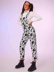SHEIN Cow Print Pocket Front Overall Jumpsuit Without Tee - Black and White - View 3