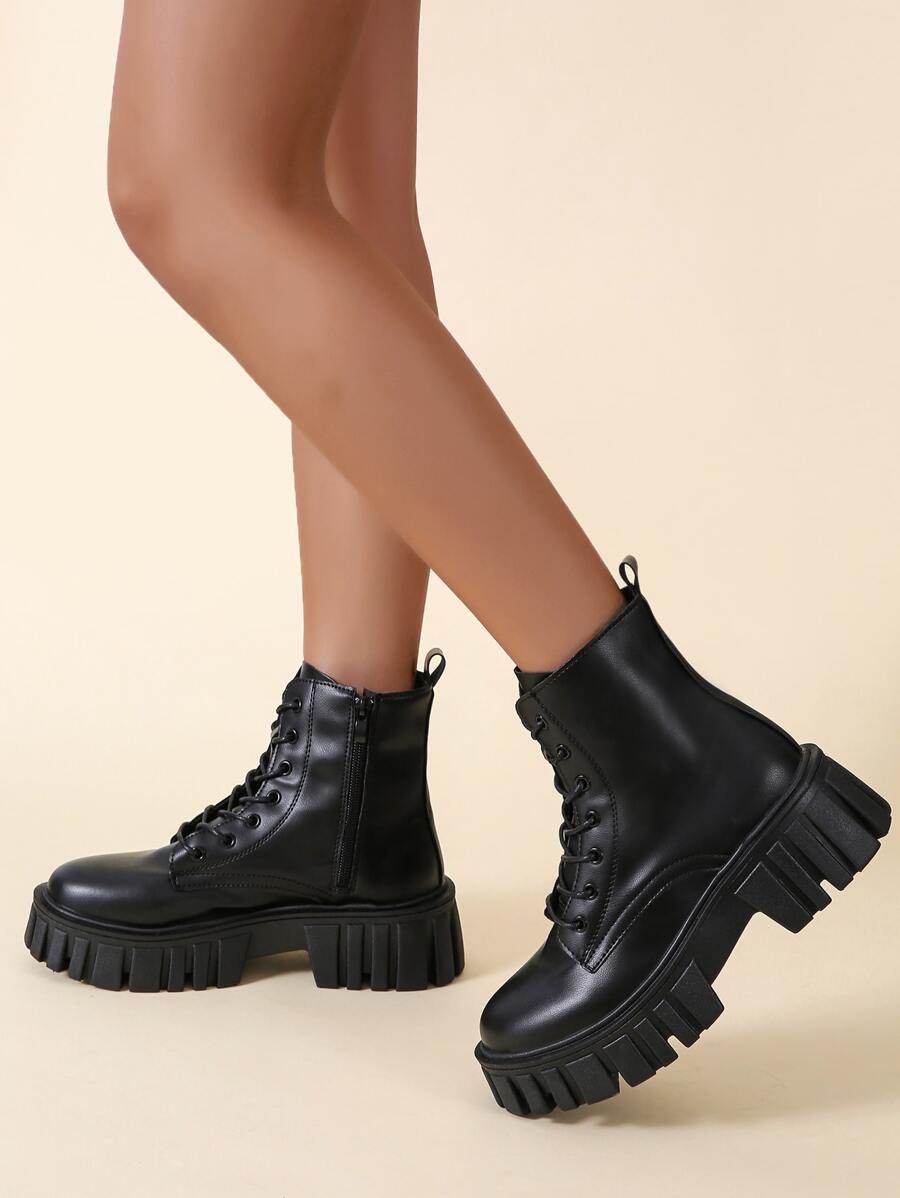 Side Zip Lug Sole Combat Boots - Black - View 1
