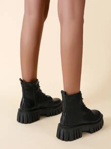 Side Zip Lug Sole Combat Boots - Black - View 2