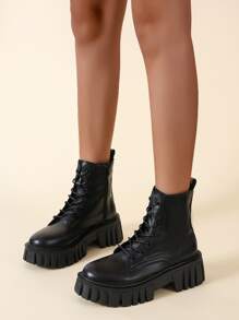 Side Zip Lug Sole Combat Boots - Black - View 4