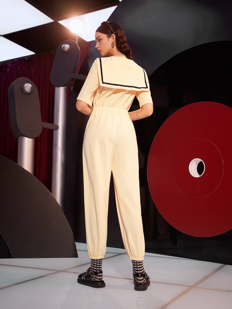 Letter Embroidery Patched Sailor Collar Jumpsuit Without Necktie