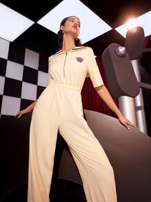 SHEIN EZwear Letter Embroidery Patched Sailor Collar Jumpsuit Without Necktie