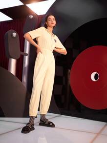 SHEIN EZwear Letter Embroidery Patched Sailor Collar Jumpsuit Without Necktie