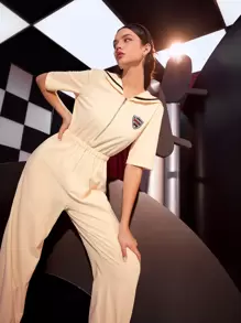 SHEIN EZwear Letter Embroidery Patched Sailor Collar Jumpsuit Without Necktie