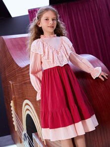 SHEIN 女孩雙色荷葉邊荷葉袖連衣裙 - 彩色 - 查看 3