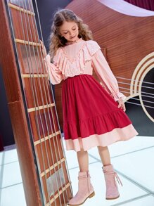 SHEIN 女孩雙色荷葉邊荷葉袖連衣裙 - 彩色 - 查看 4