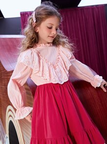 SHEIN 女孩雙色荷葉邊荷葉袖連衣裙 - 彩色 - 查看 5