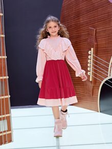 SHEIN 女孩雙色荷葉邊荷葉袖連衣裙 - 彩色 - 查看 6