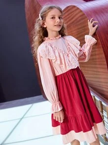 SHEIN 女孩雙色荷葉邊荷葉袖連衣裙 - 彩色 - 查看 7