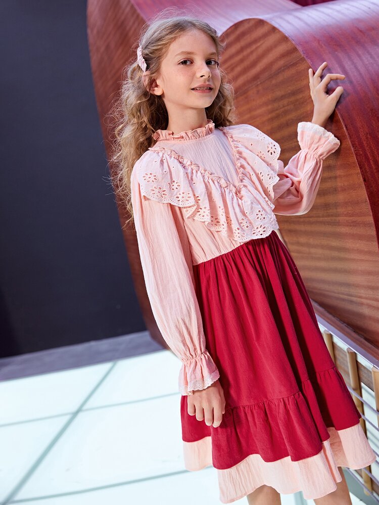 SHEIN 女孩雙色荷葉邊荷葉袖連衣裙 - 彩色 - 查看 7