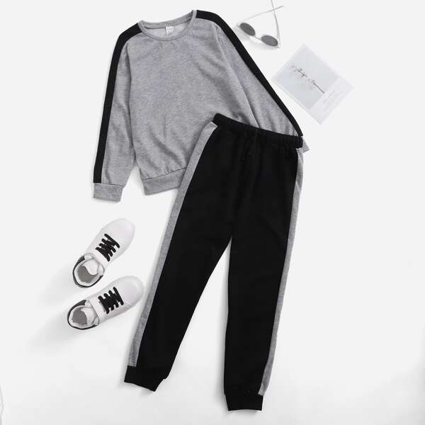 

Boys Contrast Side Seam Pullover & Drawstring Waist Sweatpants, Multicolor