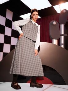 Mulvari 格紋彼得潘領燈籠袖上衣和半身裙