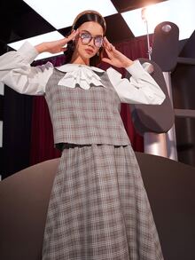 Mulvari 格紋彼得潘領燈籠袖上衣和半身裙