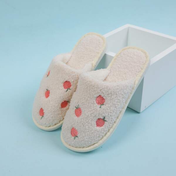 

Fluffy Fruit Graphic Slippers, Beige