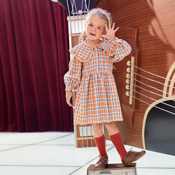 

Toddler Girls Tartan Frill Trim Statement Collar Bishop Sleeve Dress, Multicolor