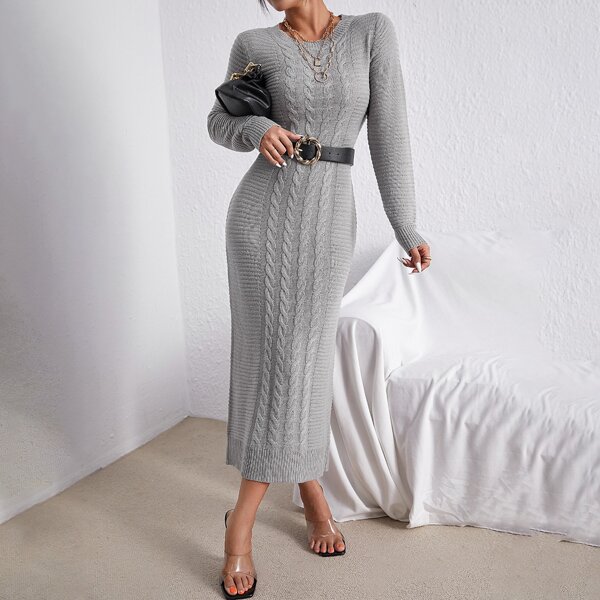 

Cable Knit Sweater Dress Without Belt, Light grey
