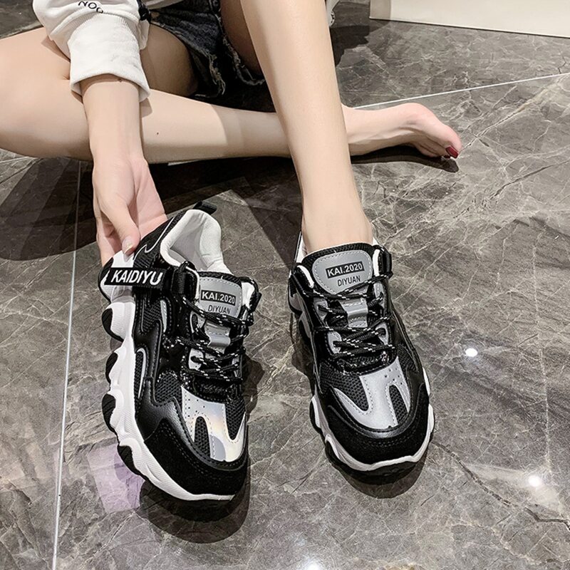 

Lace-up Front Mesh Panel Chunky Sneakers, Black