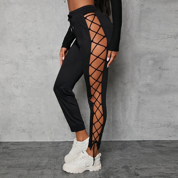 

Lace Up Cut Out Side Drawstring Waist Sweatpants, Black