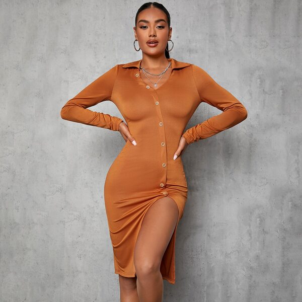 

Button Front Split Thigh Bodycon Dress, Burnt orange