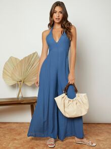 SHEIN Privé 露背繞頸闊腿連體褲 - 藍色 - 查看 3