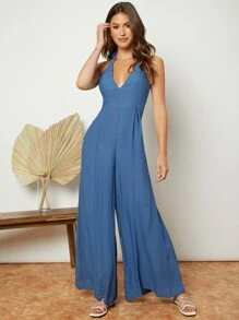 SHEIN Privé 露背繞頸闊腿連體褲 - 藍色 - 查看 4