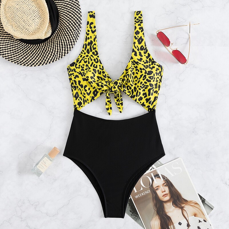 

Leopard Cut-out Knot Front One Piece Swimsuit, Multicolor