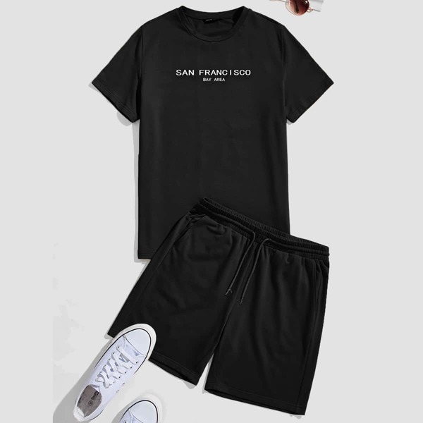 

Men Letter Graphic Tee & Track Shorts Set, Black