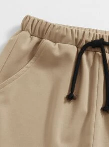 SHEIN Niños Conjunto Camiseta unicolor de cuello redondo & Shorts deportivos - Caqui - Ver 4