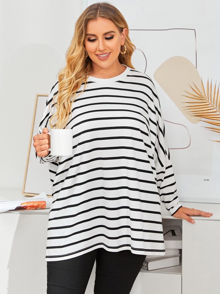 Mulvari Plus Striped Print Dolman Sleeve Split Hem Tee - White - View 3