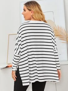 Mulvari Plus Striped Print Dolman Sleeve Split Hem Tee - White - View 2
