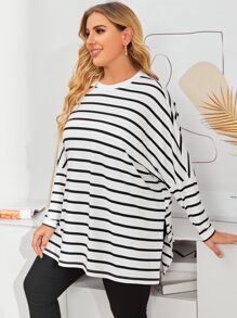 Mulvari Plus Striped Print Dolman Sleeve Split Hem Tee - White - View 5