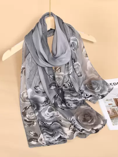1 件花卉印花雪纺围巾优雅女士围巾配饰女士情人节