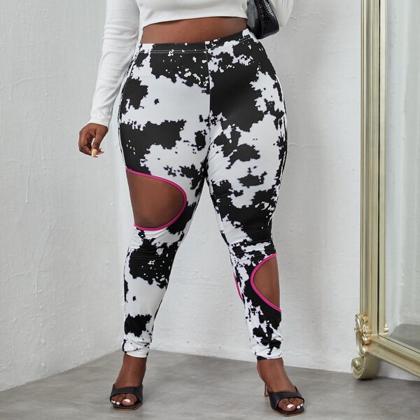 

Plus Tie Dye Cut Out Leggings, Black and white