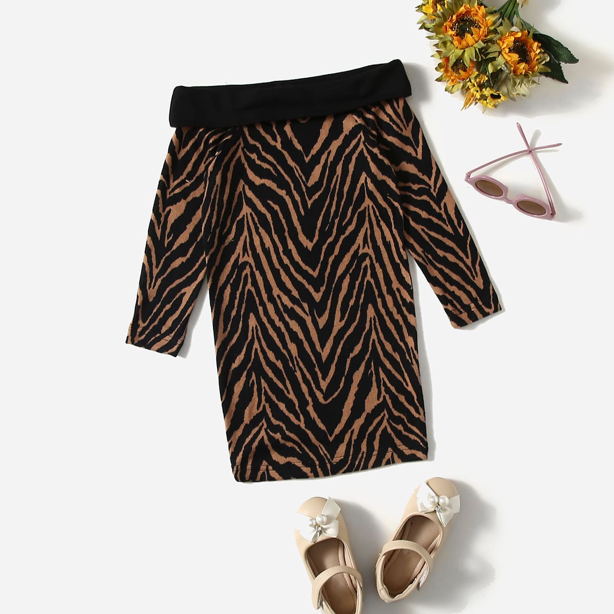 для девочек Платье с узором зебры с открытыми плечами