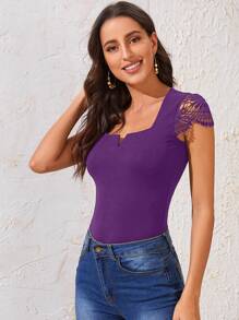 SHEIN Clasi 西裝領緹花蕾絲袖合身上衣 - 紫色 - 查看 1