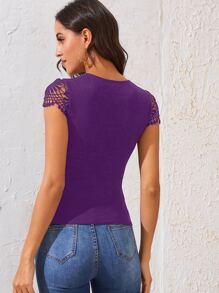 SHEIN Clasi 西裝領緹花蕾絲袖合身上衣 - 紫色 - 查看 2