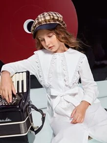 SHEIN Girls Lace Trim Statement Collar Shirt Dress - White - View 3