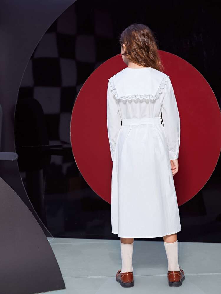 SHEIN Niñas Vestido camisero ribete con encaje de cuello exagerado - Blanco - Añade 2