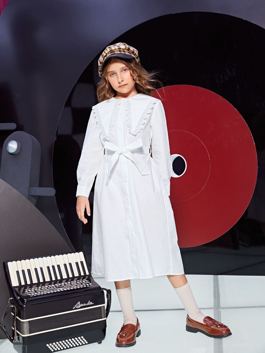 SHEIN Girls Lace Trim Statement Collar Shirt Dress - White - View 1