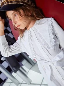 SHEIN Girls Lace Trim Statement Collar Shirt Dress - White - View 5