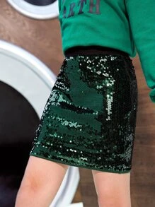 SHEIN Girls Elastic Waist Sequin Skirt - Dark Green - View 1