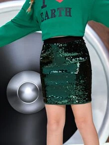 SHEIN Girls Elastic Waist Sequin Skirt - Dark Green - View 6