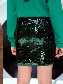 SHEIN Girls Elastic Waist Sequin Skirt - Dark Green - View 7
